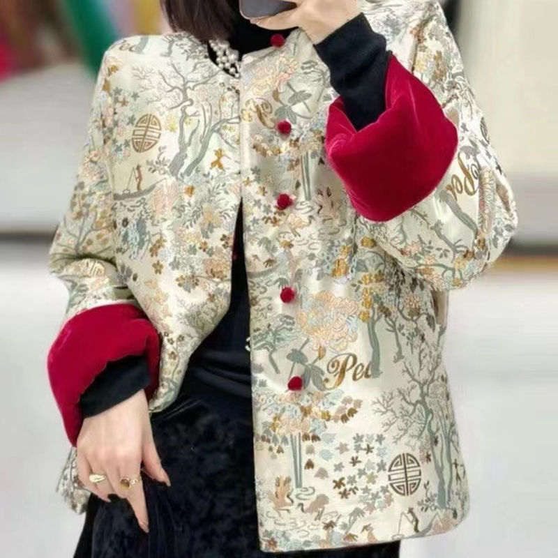 Spliced ​​three-dimensional jacquard reversible thickened cotton coat warm top for women new Chinese style national style velvet jacket for women