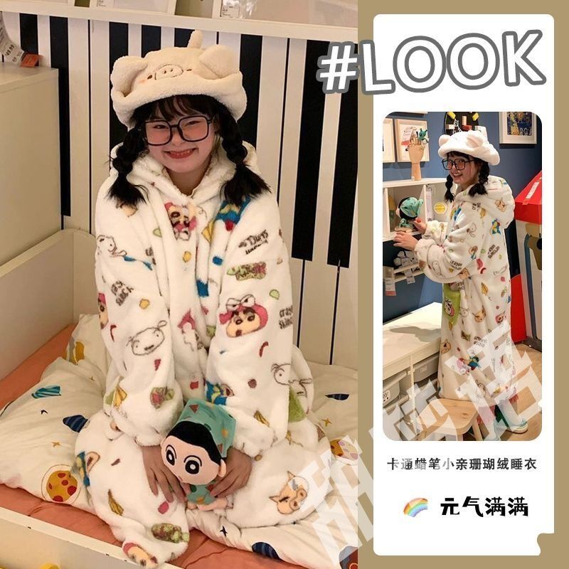 蠟筆小新睡衣女秋冬款加厚珊瑚絨睡裙可外穿保暖法蘭絨家居服睡袍