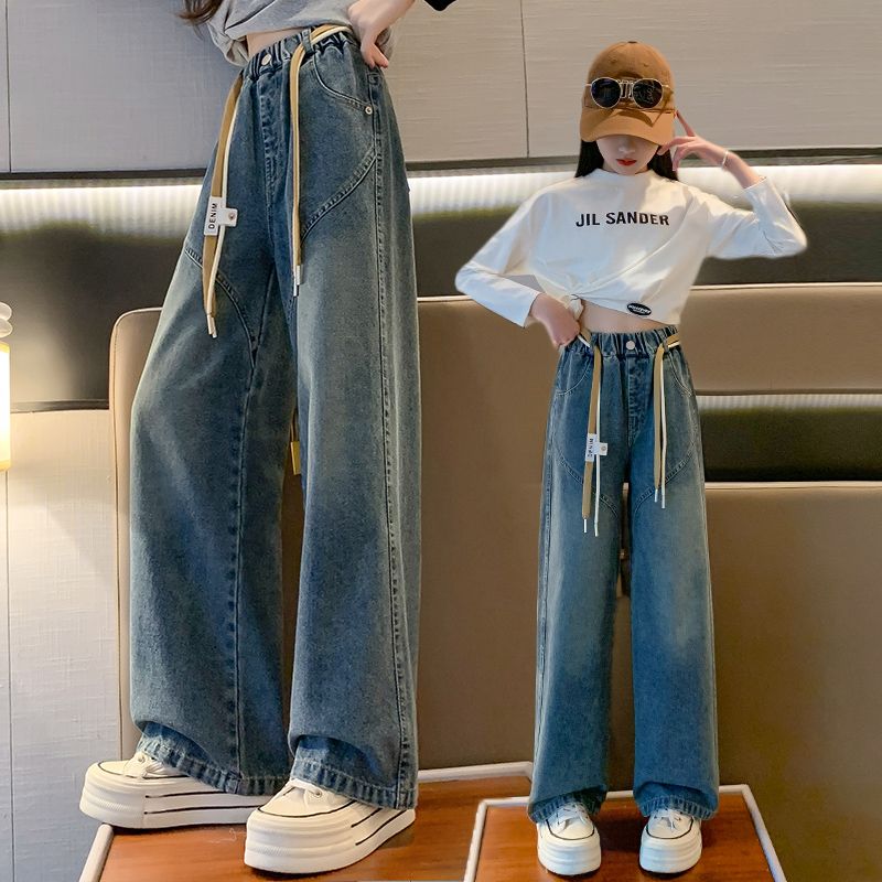 女童牛仔褲春秋款2024新款兒童褲子秋季闊腿褲中大童秋款長褲外穿