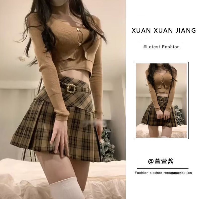 三件套裝女春新款純欲風辣妹毛衣針織開衫吊帶背心高腰顯瘦半身裙