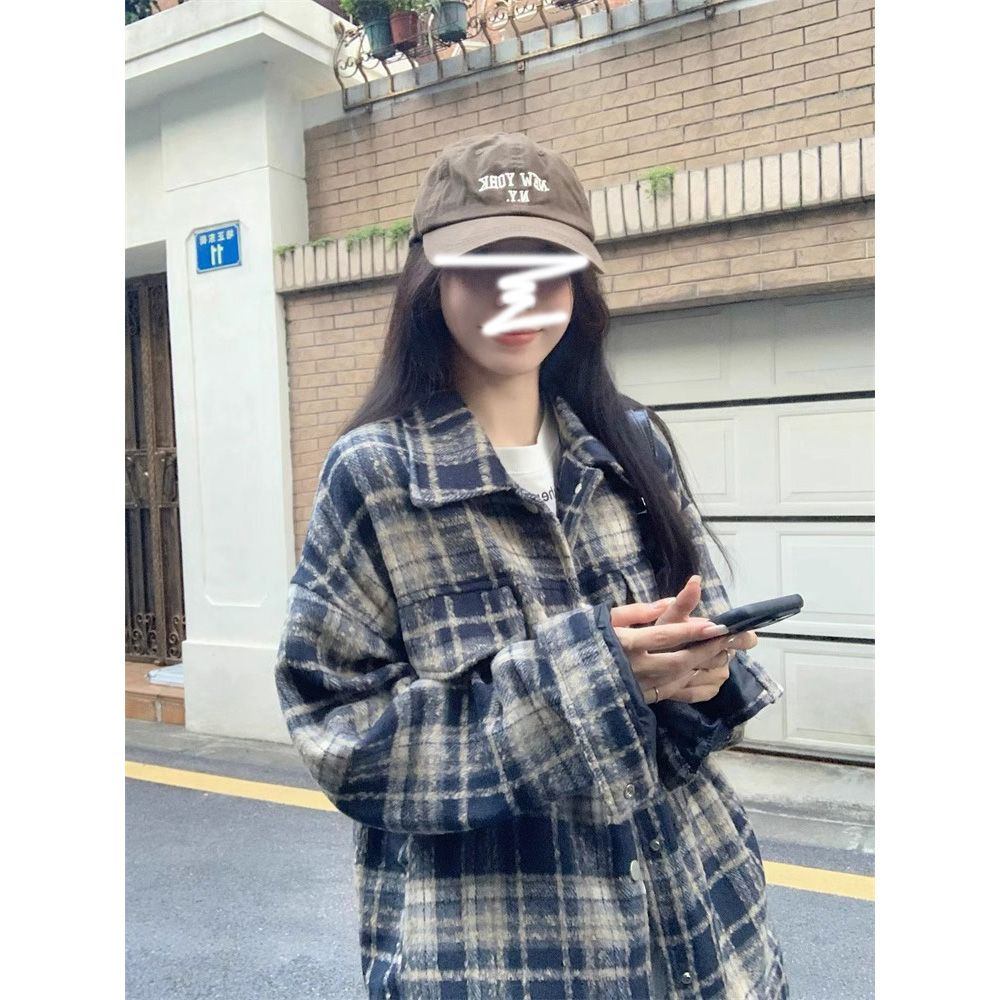 Retro contrast plaid woolen shirt jacket for women spring 2024 new design niche single-breasted long-sleeved jacket