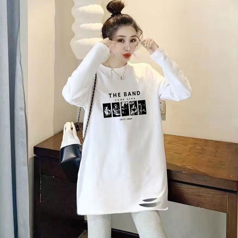 100% pure cotton mid-length long-sleeved T-shirt for women loose early autumn ripped versatile bottoming shirt autumn and winter printed top