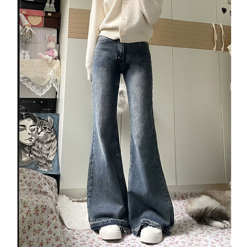 美式復古做舊微喇叭牛仔褲女小個子高腰直筒顯瘦垂感闊腿馬蹄長褲