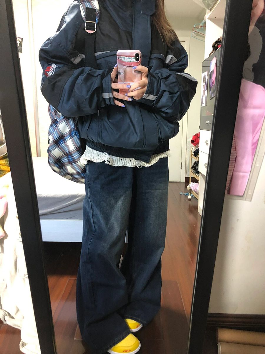 復古藍美式高腰微喇叭牛仔褲女春秋新款不貼腿寬鬆顯瘦直筒拖地褲