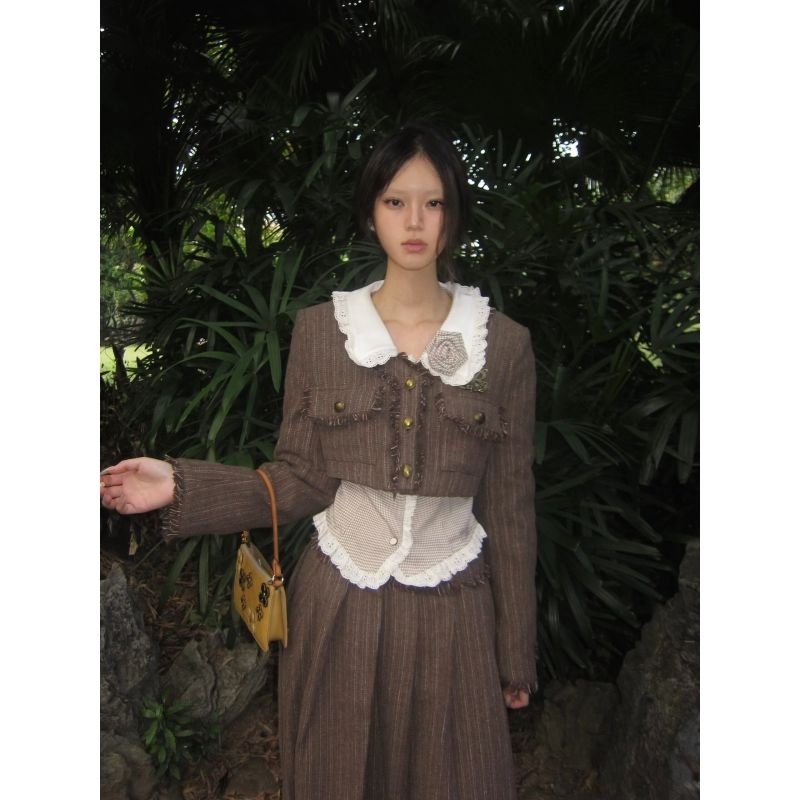 College Style Striped Shirt Short Cardigan Blazer Women's Autumn Winter Niche High Waist Pleated Long Skirt Set_voghion.com