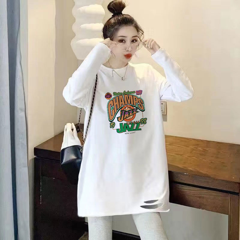 100% pure cotton mid-length long-sleeved T-shirt for women loose early autumn ripped versatile bottoming shirt autumn and winter printed top