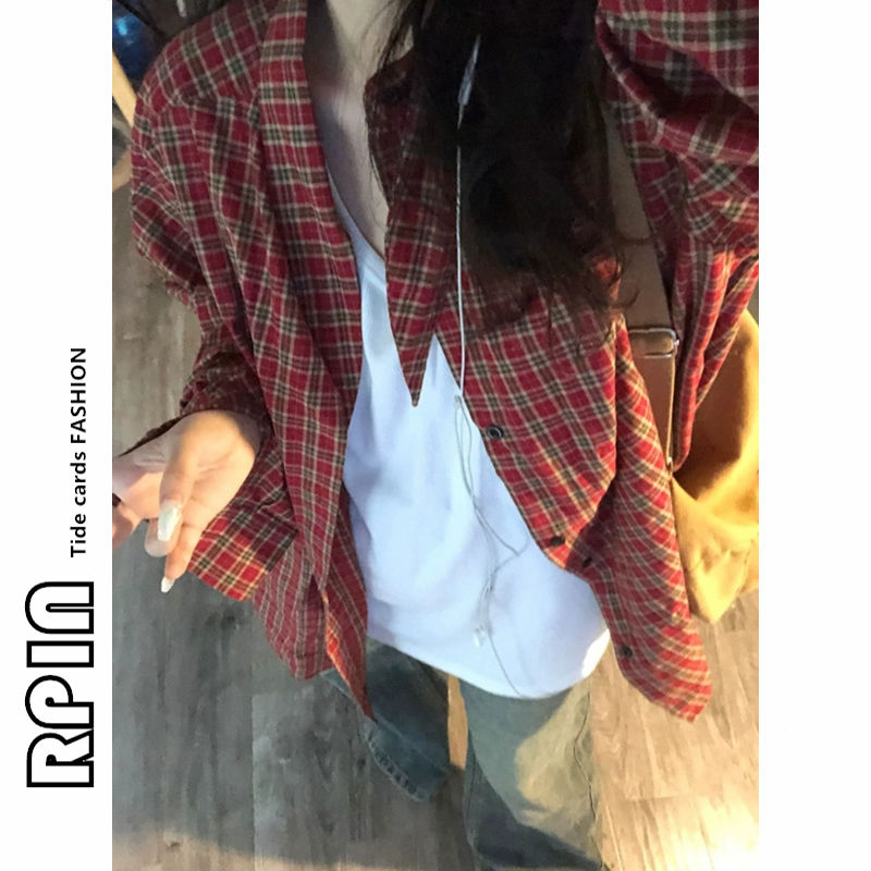 RPIN大碼300斤美式復古紅色格子長袖襯衫女2024春秋寬鬆開衫外套