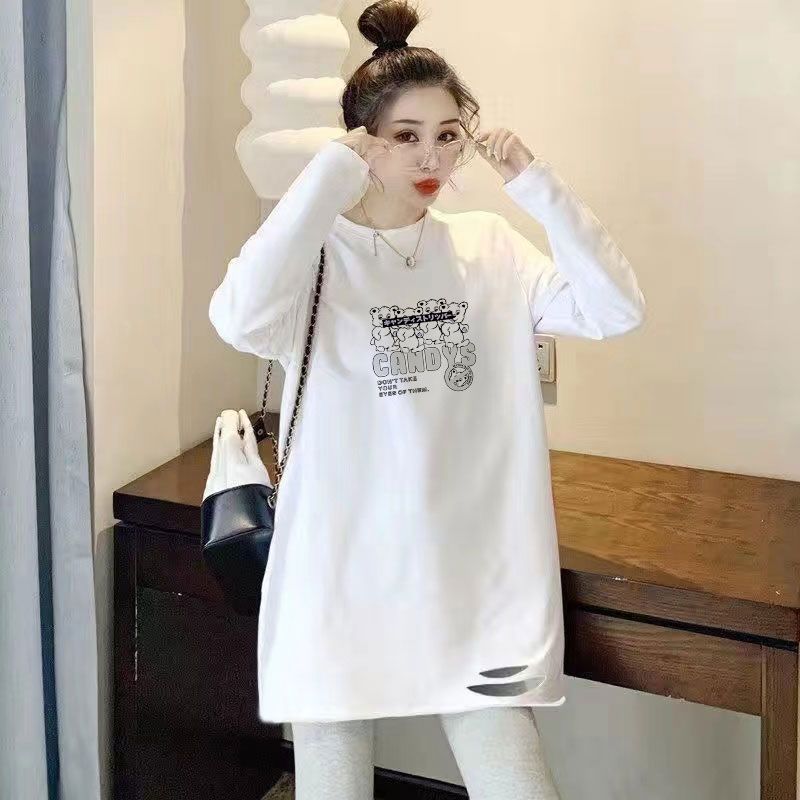 100% pure cotton mid-length long-sleeved T-shirt for women loose early autumn ripped versatile bottoming shirt autumn and winter printed top