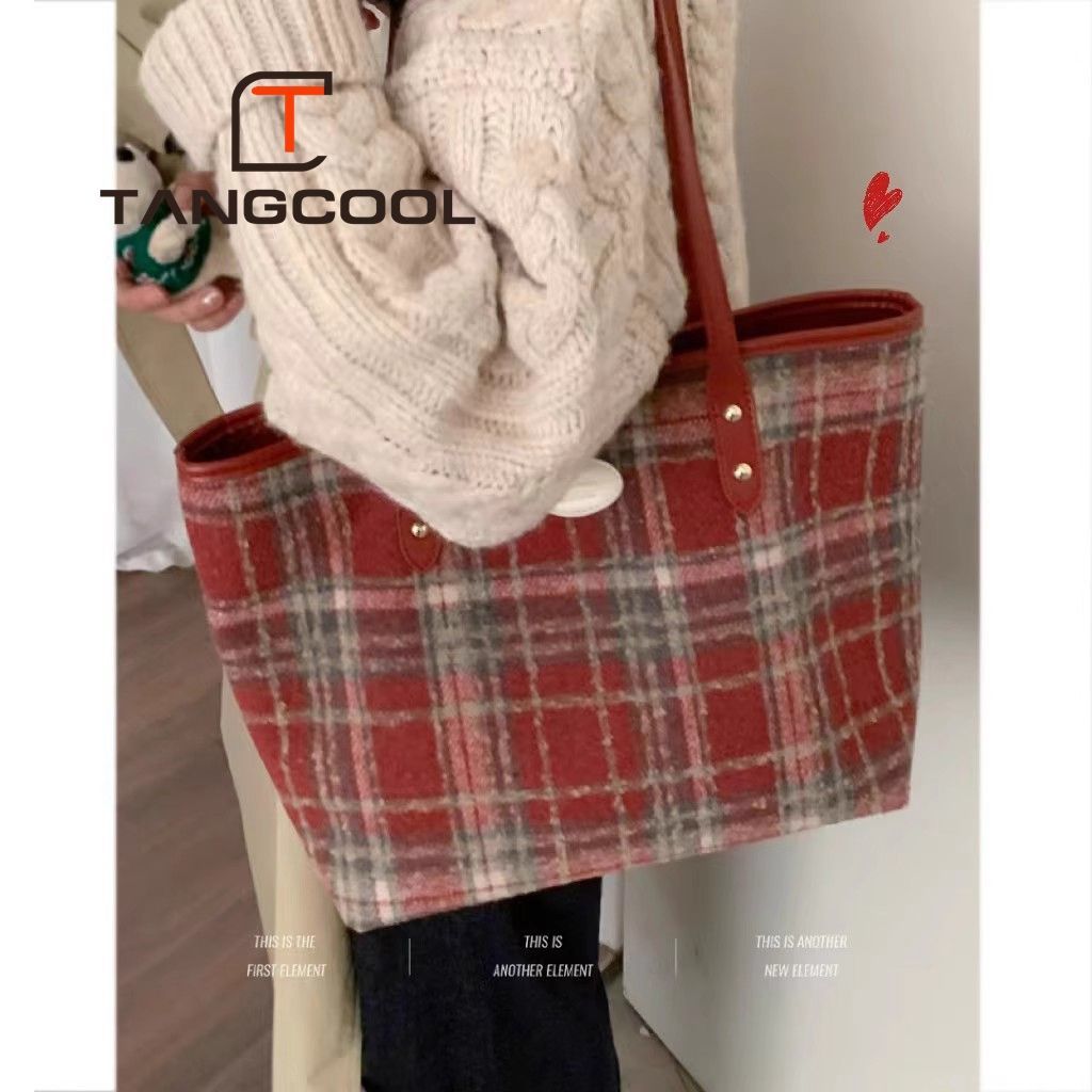 Large-capacity commuter bag women's new autumn and winter woolen plaid shoulder bag high-end versatile tote bag