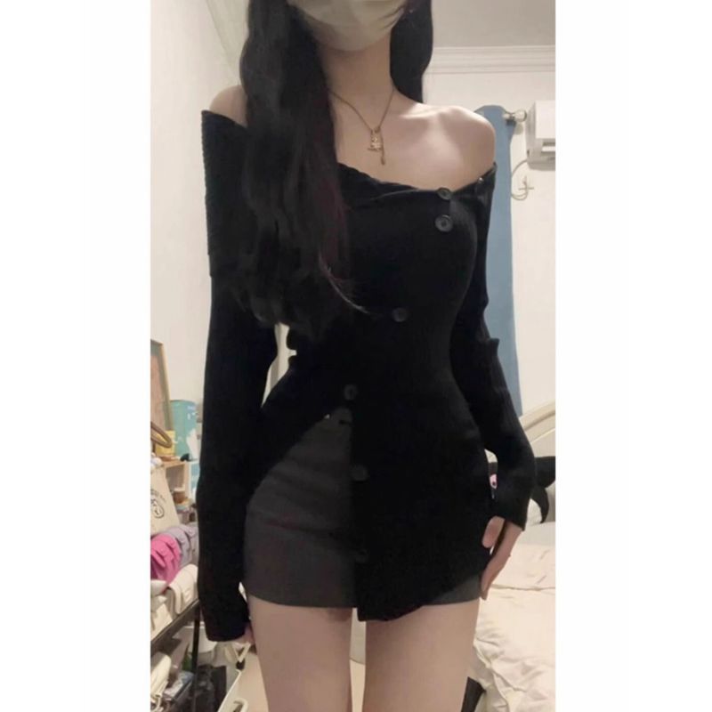 兩件套裝2024春季新款純欲風不規則一字肩針織上衣女高腰半身裙潮