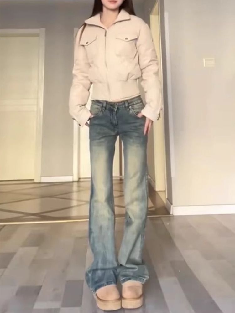 不貼腿微喇叭牛仔褲女冬季新款辣妹低腰修身闊腿顯瘦直筒拖地褲子