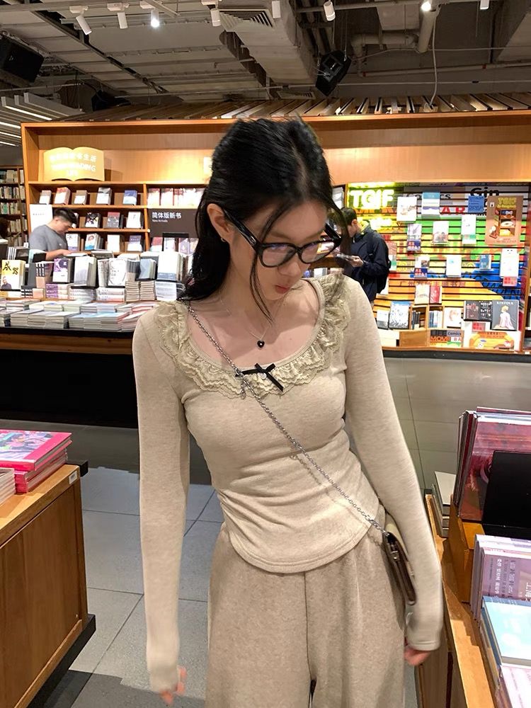 撞色蕾絲花邊蝴蝶結長袖方領T恤女春秋季純欲修身短款ins內搭上衣