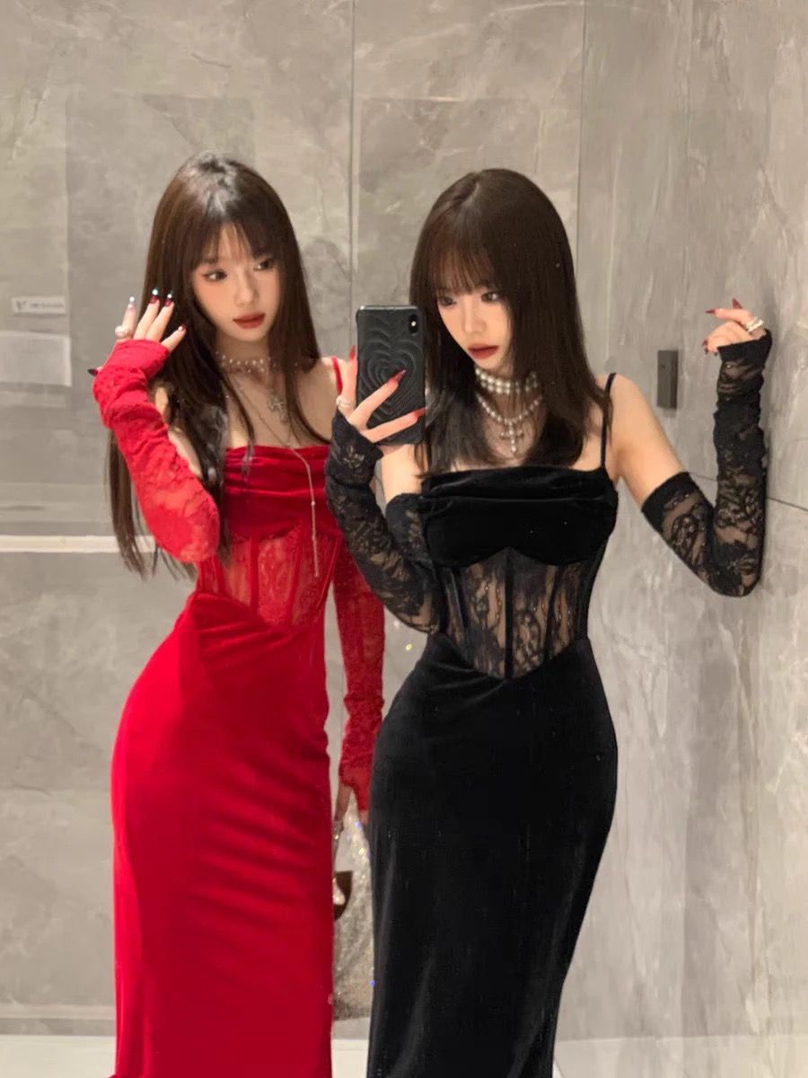 Pure Desire Hot Girl Annual Party Christmas Atmosphere Dress Long Dress Sexy Tube Top Suspender Velvet Slim Fit Hip Dress