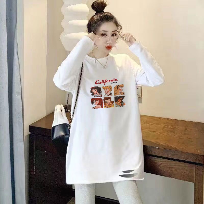 100% pure cotton mid-length long-sleeved T-shirt for women loose early autumn ripped versatile bottoming shirt autumn and winter printed top