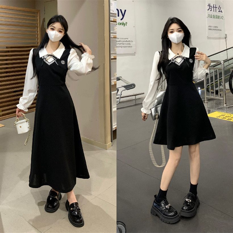 新品大碼女裝學院風假兩件連衣裙春秋新款胖mm收腰顯瘦長袖小黑裙