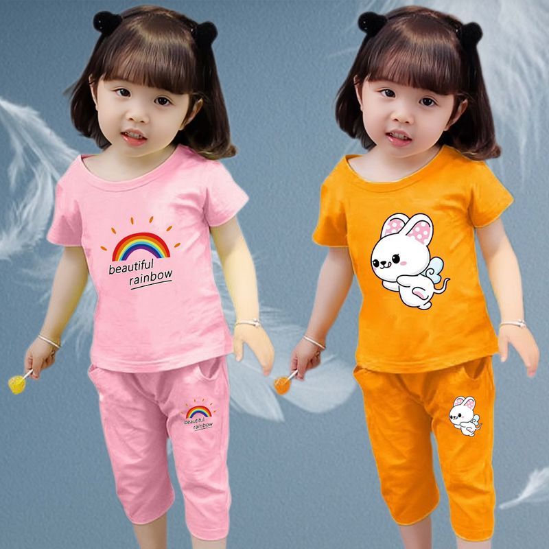 Summer girls' short-sleeved pure cotton suit casual two-piece set new small, medium and large children's clothing sweat-absorbent children's sports suit