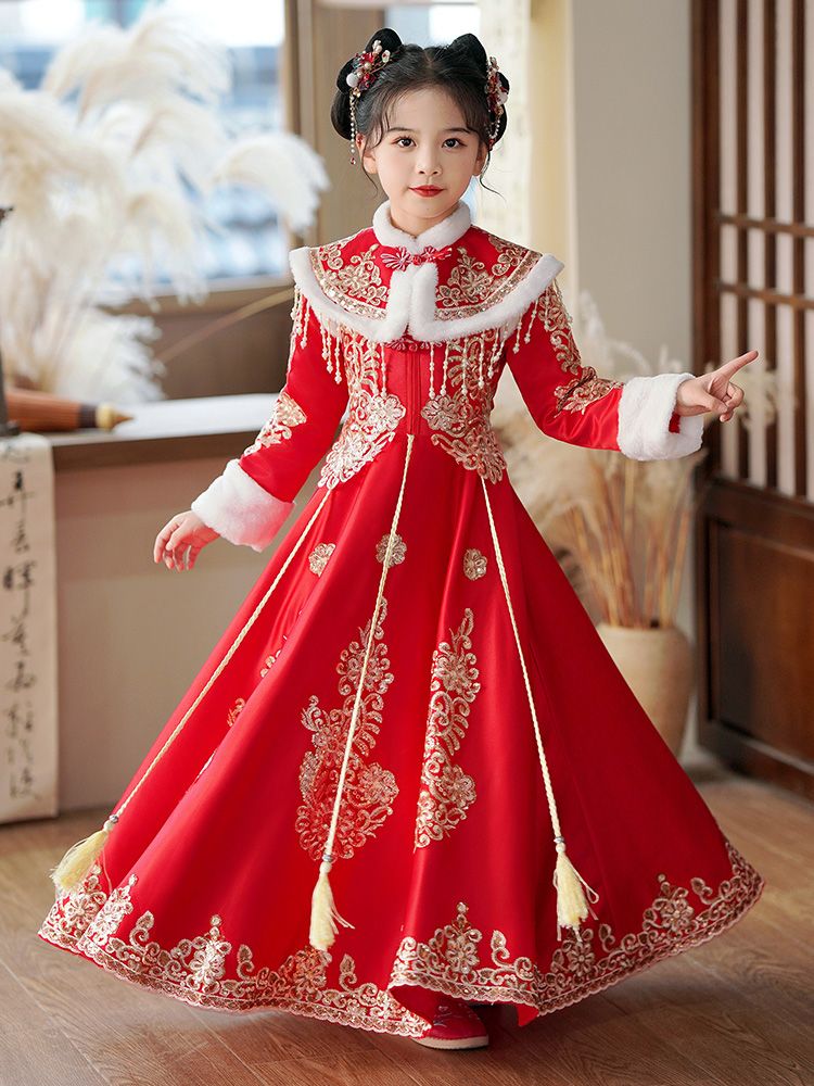 新年拜年汉服女童连衣裙新款古装中国风冬装加绒儿童唐装裙子