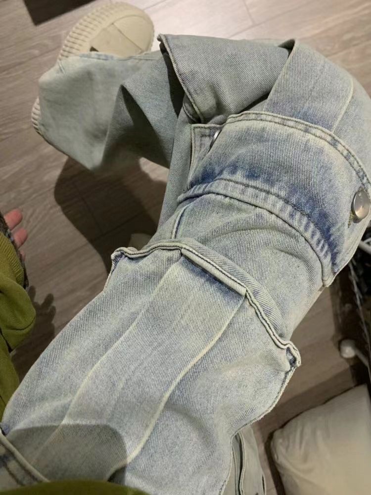 美式高街淺色多口袋工裝牛仔褲女春季新款復古高腰寬鬆顯瘦闊腿褲