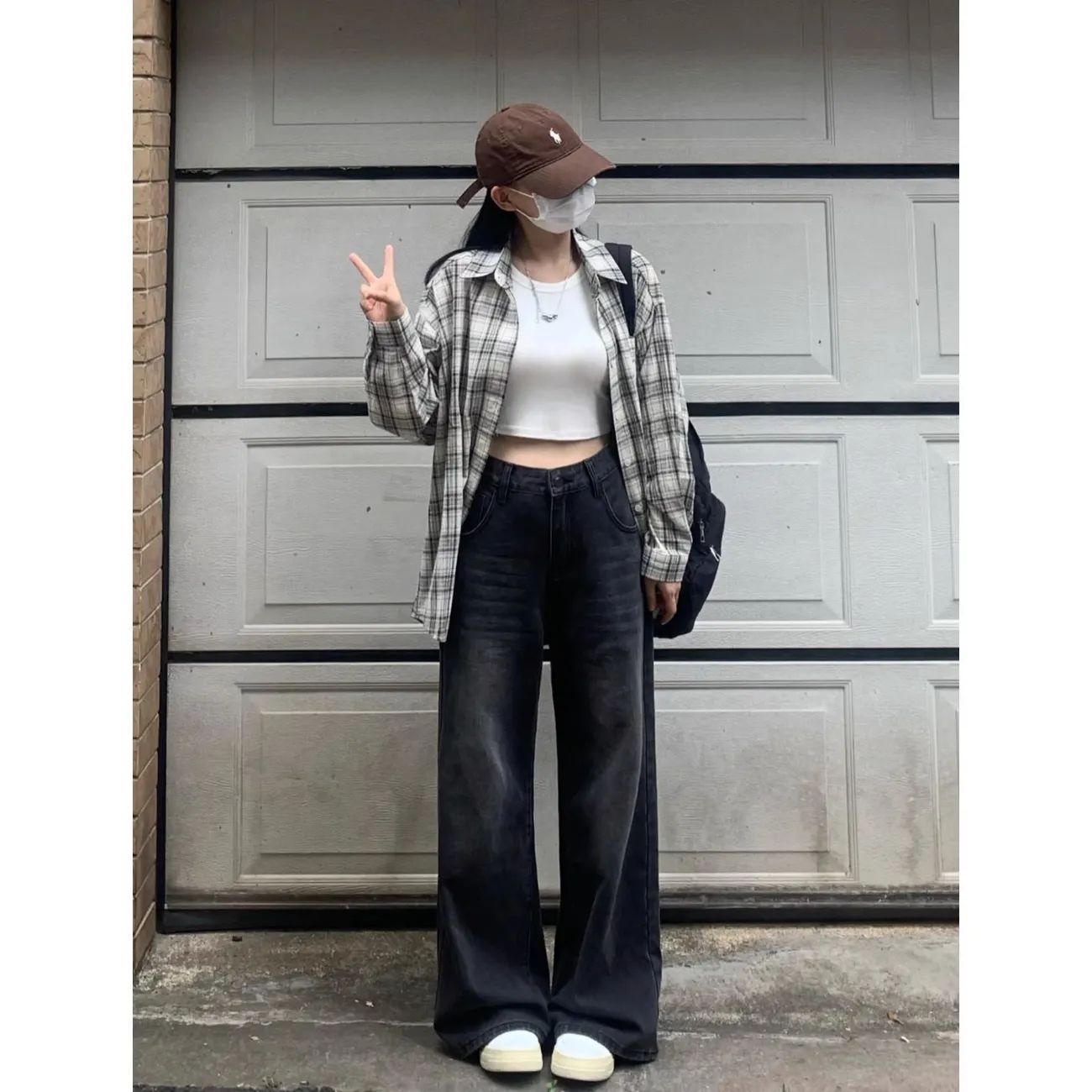 美式復古牛仔褲黑色直筒牛仔褲女小個子寬鬆顯瘦高腰闊腿拖地長褲