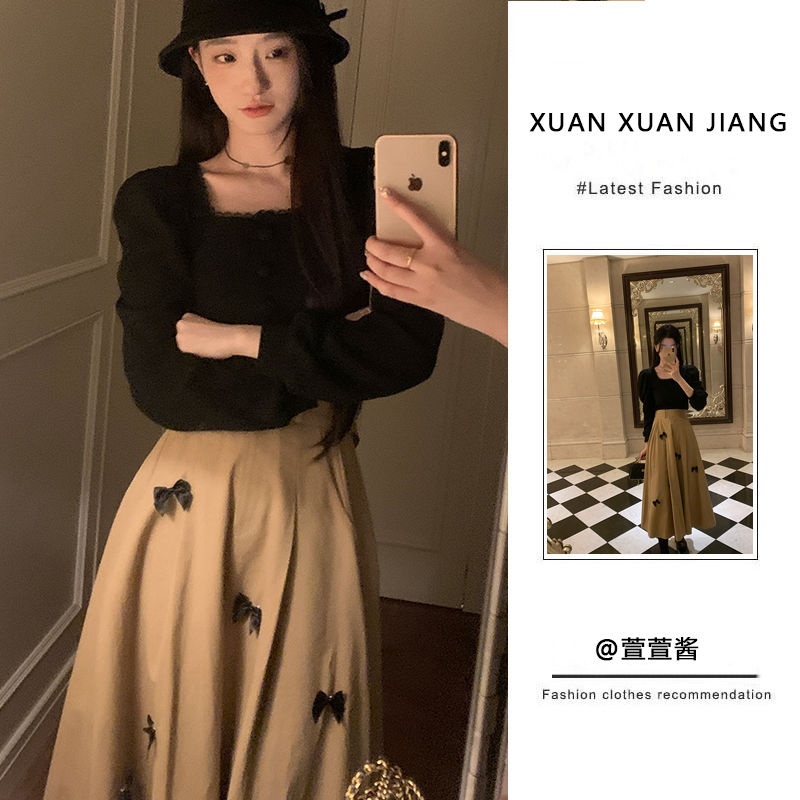 套裝女2024春新款法式氣質復古方領長袖上衣高腰顯瘦蝴蝶結半身裙