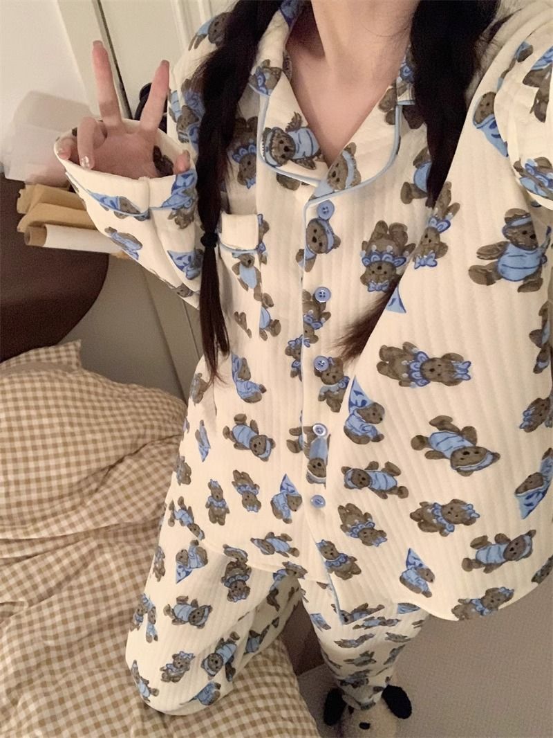 ins風韓系泰迪熊睡衣女春秋季新款長袖長褲卡通甜美可外穿居家服