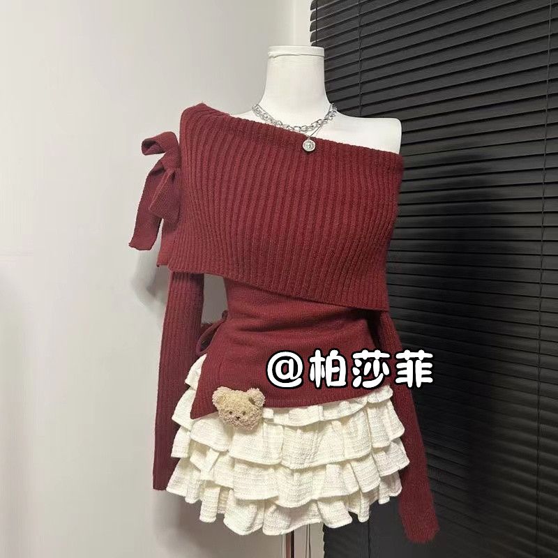 時尚套裝女2023秋冬新款韓系聖誕辣妹露肩蝴蝶結毛衣蛋糕裙兩件套