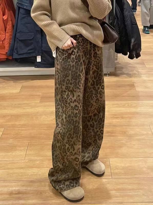 美式豹紋工裝褲女復古高腰寬鬆闊腿牛仔褲修身百搭休閒長褲潮ins