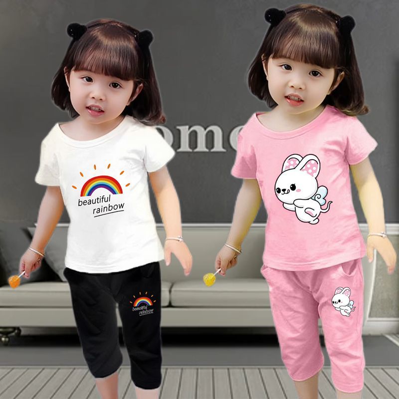 100% cotton summer 2024 popular girls short-sleeved suit children's clothing cartoon children's thin half-sleeved suit ins