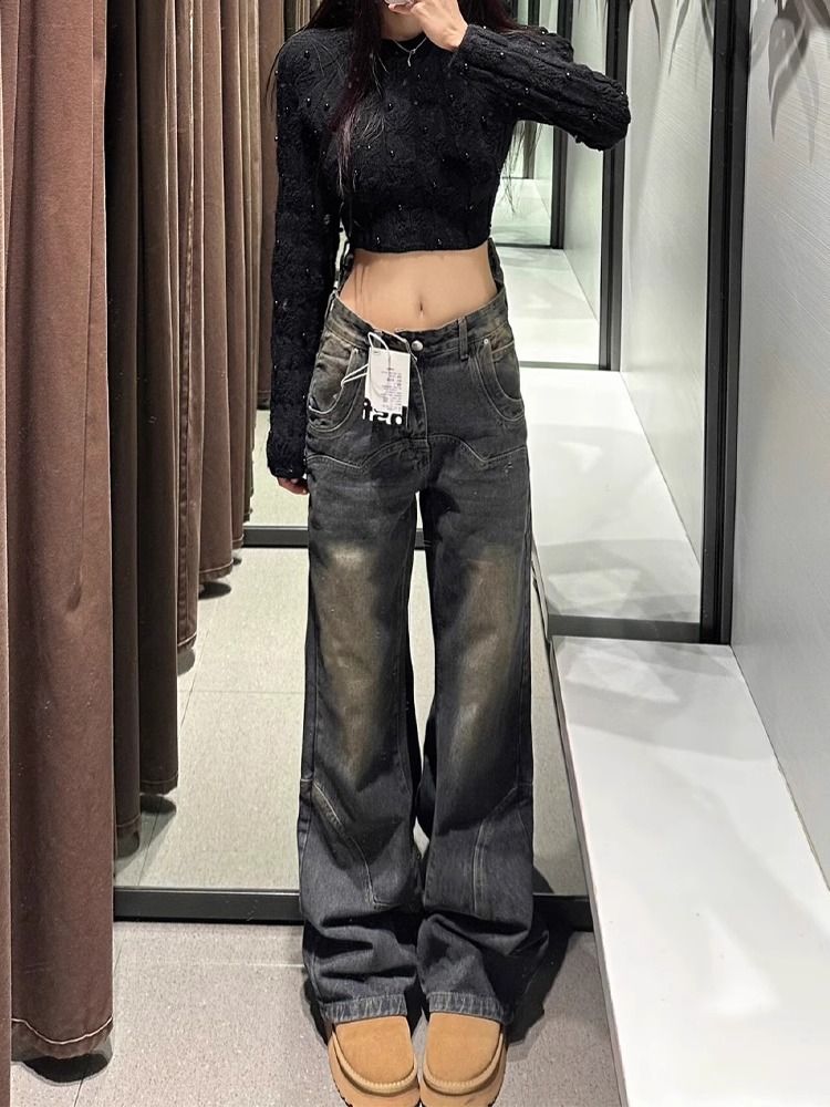 復古微喇叭牛仔褲女冬季新款設計感辣妹低腰寬鬆闊腿顯瘦直筒褲子