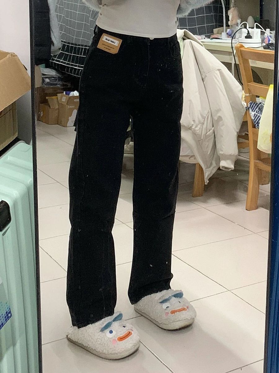 小個子黑色高腰貼布牛仔褲女春秋新款寬鬆顯瘦百搭闊腿直筒拖地褲