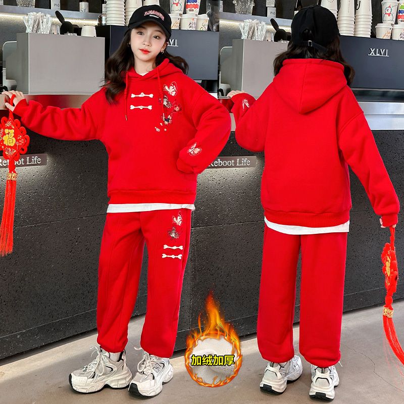 Girls' Chinese suit, children's autumn and winter clothing, red sweatshirt, casual New Year's clothing, velvet and thickening, girl's zodiac year