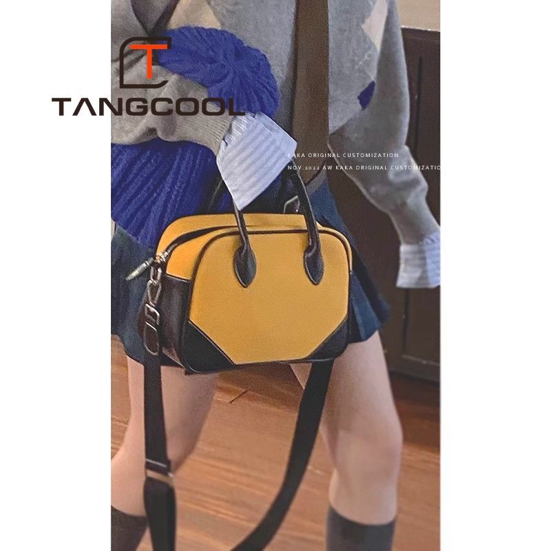 新品網紅同款復古百搭撞色拼接帆布高級感手提單肩斜挎小方