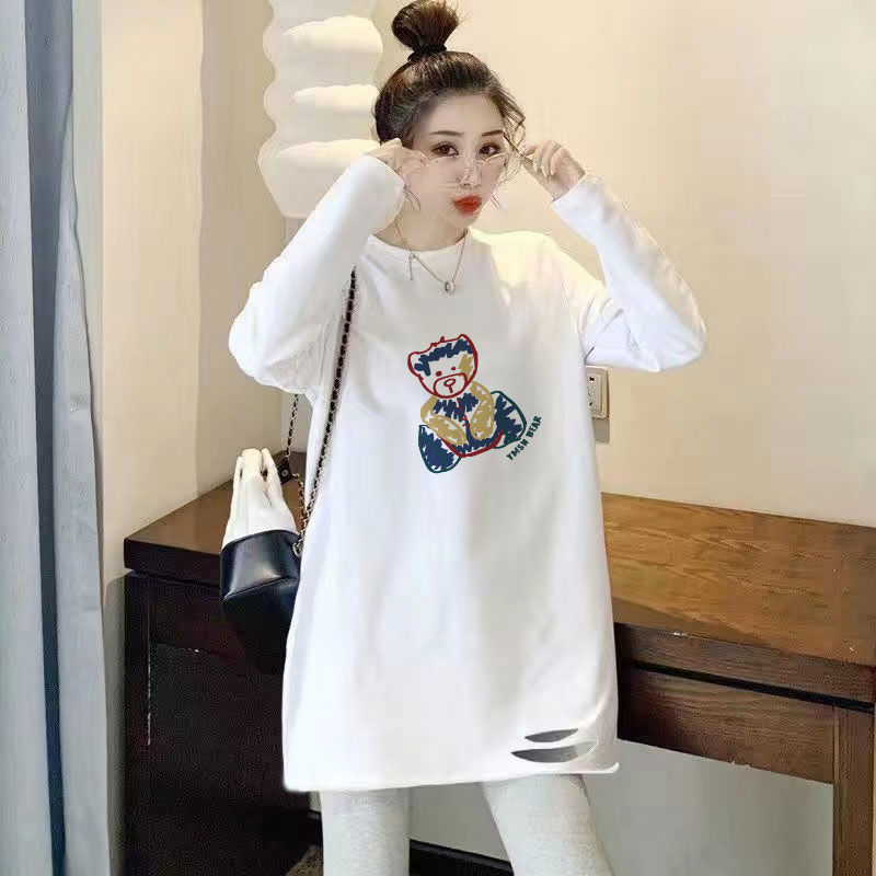 100% pure cotton mid-length long-sleeved T-shirt for women loose early autumn ripped versatile bottoming shirt autumn and winter printed top