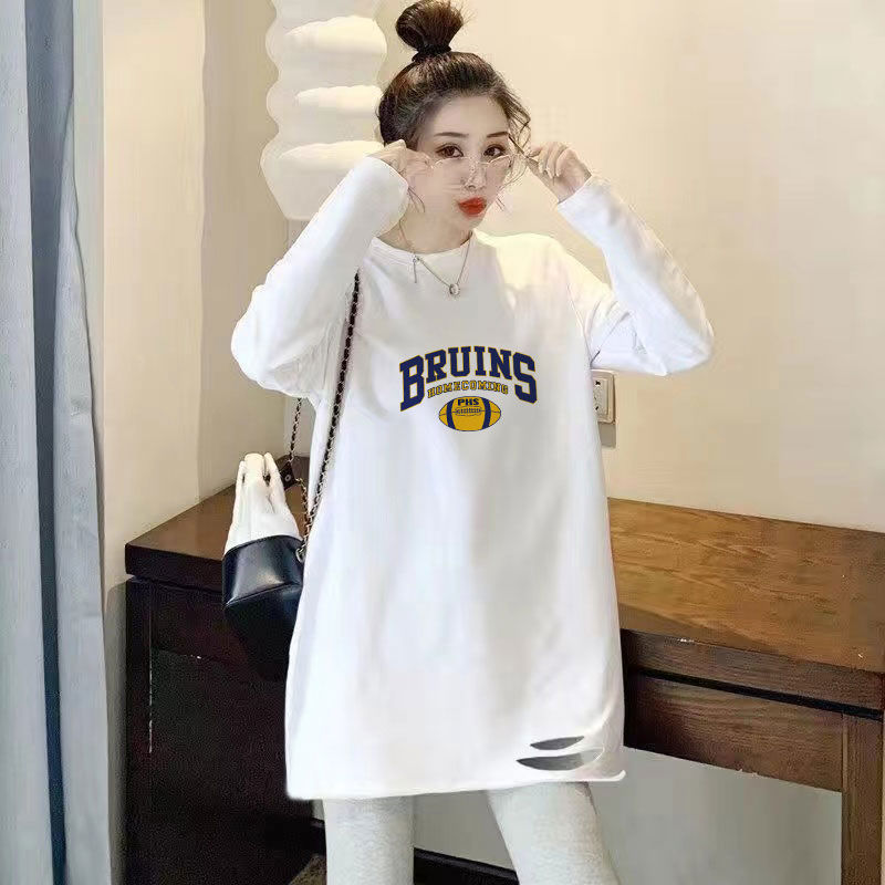 100% pure cotton mid-length long-sleeved T-shirt for women loose early autumn ripped versatile bottoming shirt autumn and winter printed top