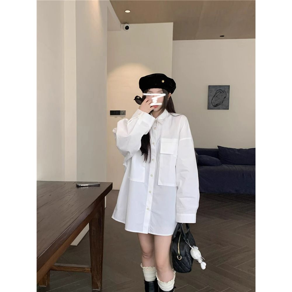 春季休閒百搭大口袋寬鬆襯衫女2024年新款韓版設計感長袖上衣襯衣
