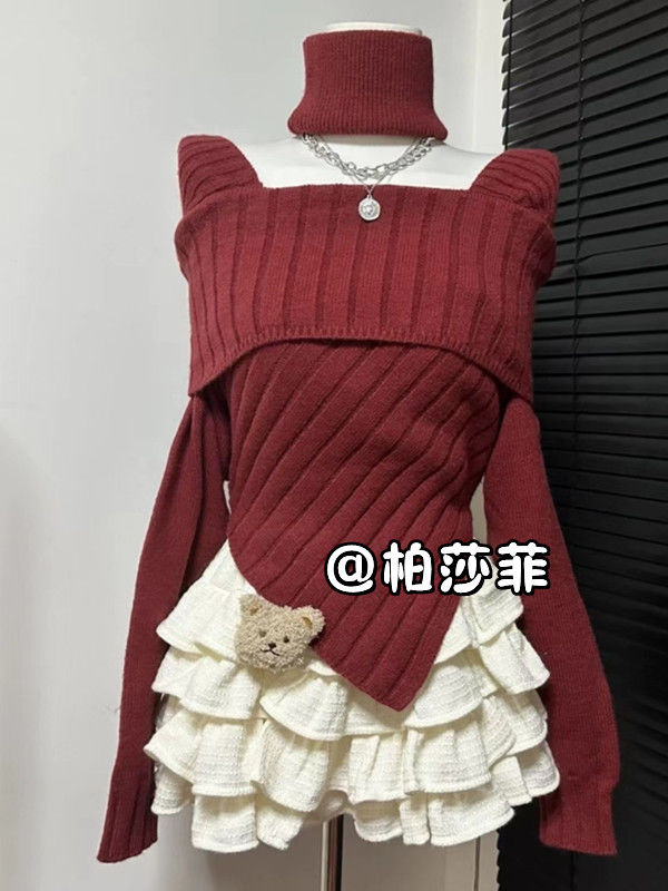 時尚套裝女2023秋冬新款韓系聖誕辣妹設計感修身毛衣蛋糕裙兩件套