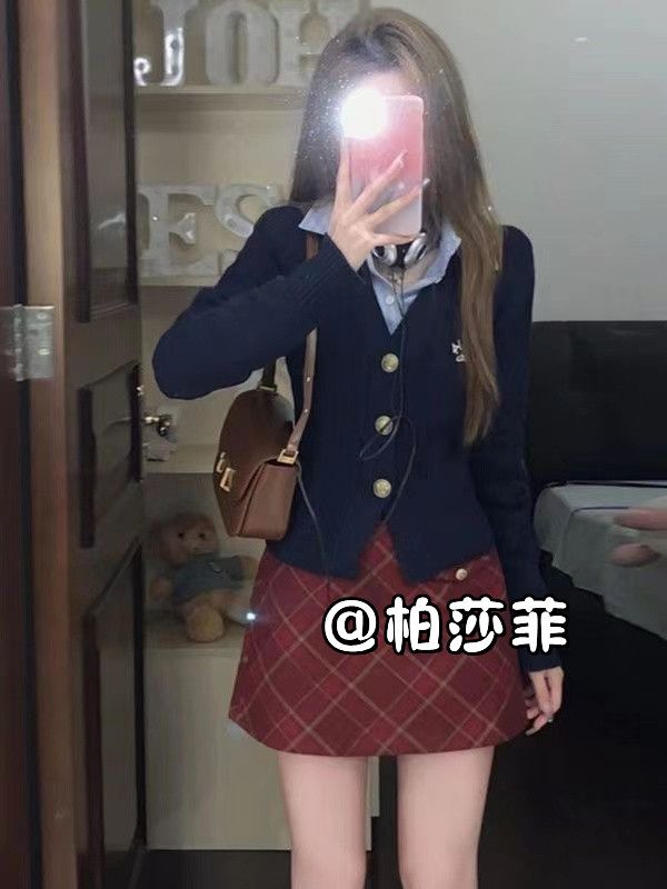 秋季女裝學院風套裝jk制服藍色開衫毛衣襯衫紅色格子半身裙三件套