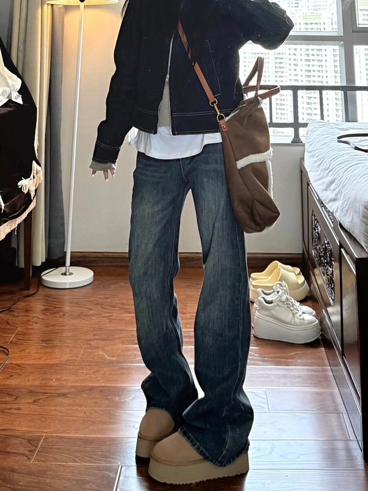 藍灰色微喇叭牛仔褲女冬季新款復古高腰寬鬆闊腿顯瘦直筒拖地褲子
