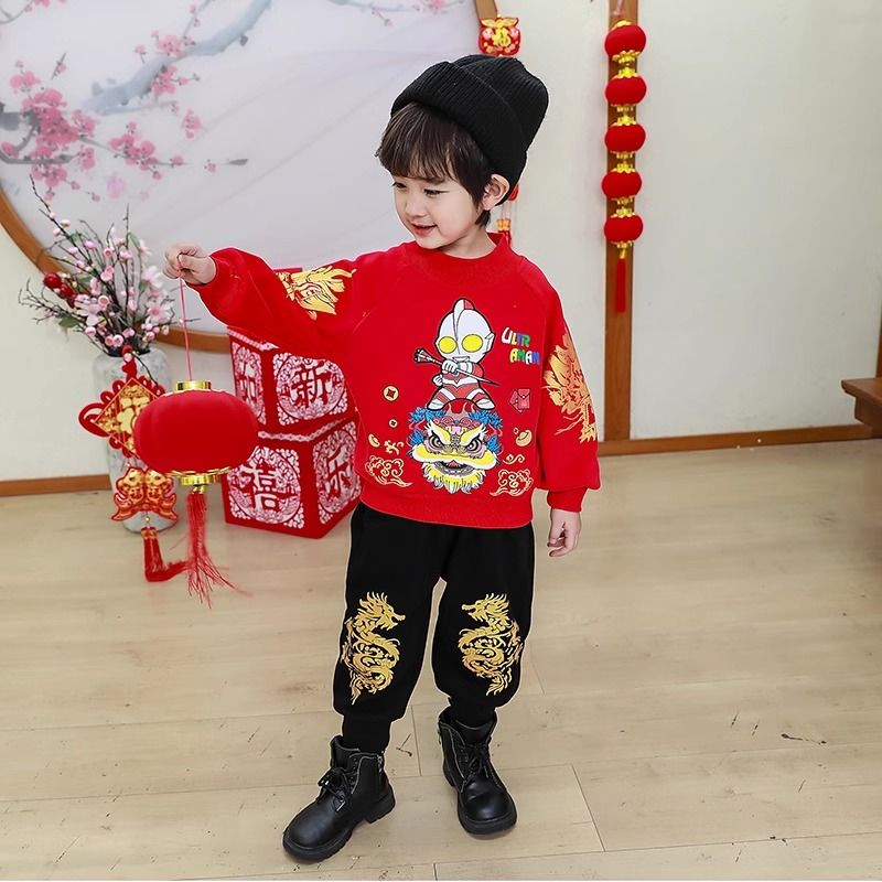 奧特曼男童冬裝加絨拜年服套裝2024新款中國風龍年加絨衛衣兩件套