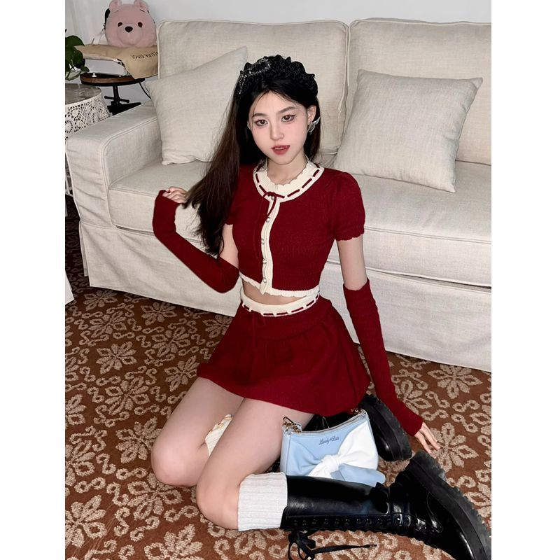 兩件套裝2024春季新款聖誕新年顯白暗紅收腰針織上衣女+半身裙