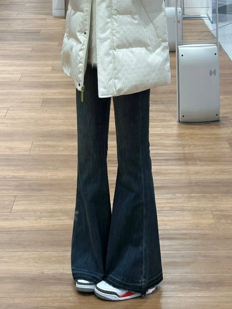 美式高街vibe微喇叭牛仔褲女冬季新款寬鬆闊腿顯瘦毛邊直筒褲子潮