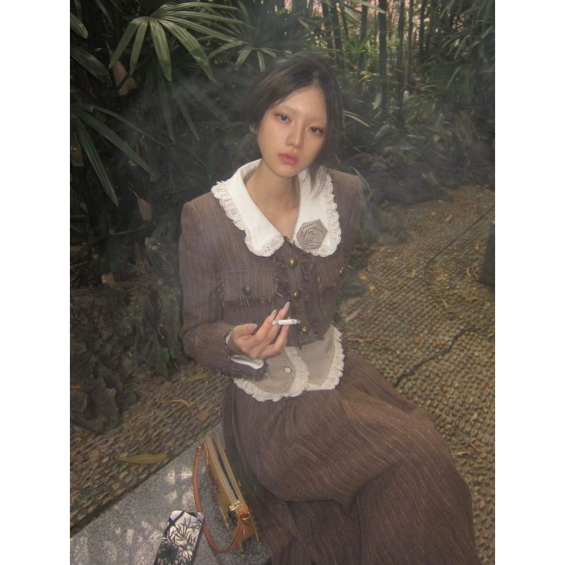 College Style Striped Shirt Short Cardigan Blazer Women's Autumn Winter Niche High Waist Pleated Long Skirt Set_voghion.com