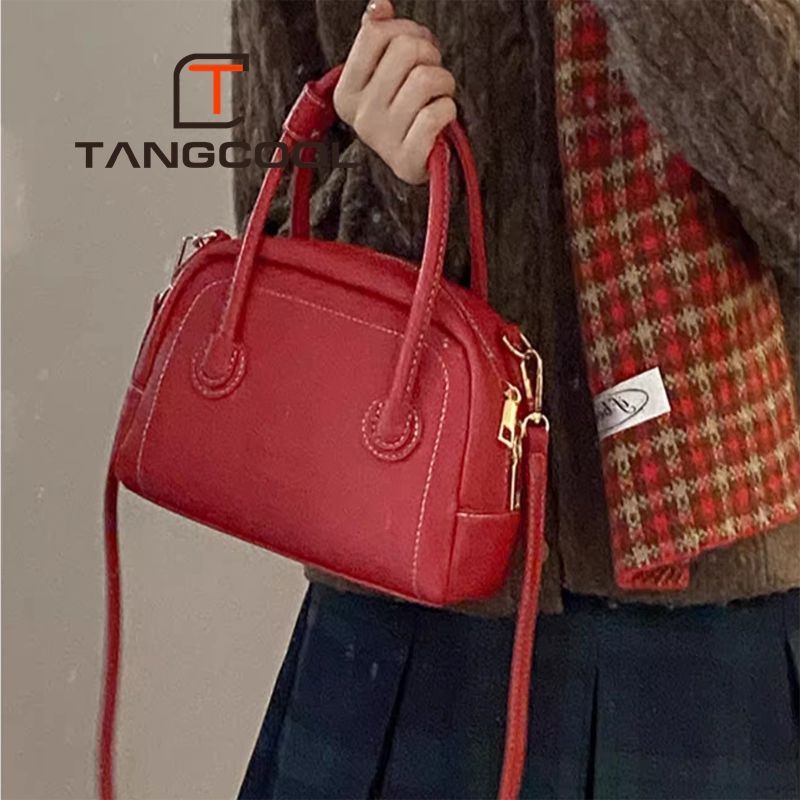 韩国小众手提红色包包女新款潮时尚保龄球包单肩斜挎小方包
