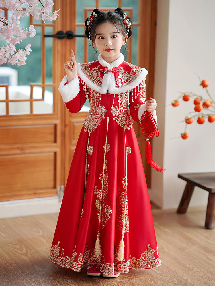 新年拜年汉服女童连衣裙新款古装中国风冬装加绒儿童唐装裙子
