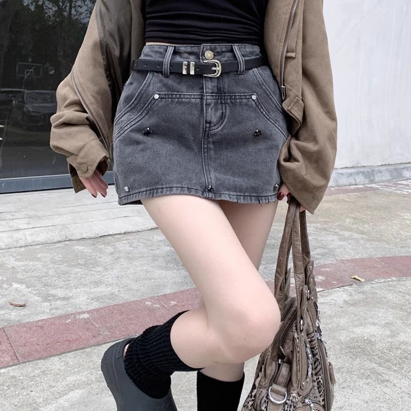 復古辣妹防走光閃鑽牛仔半身裙女夏季新款高腰顯瘦包臀短裙裙褲潮