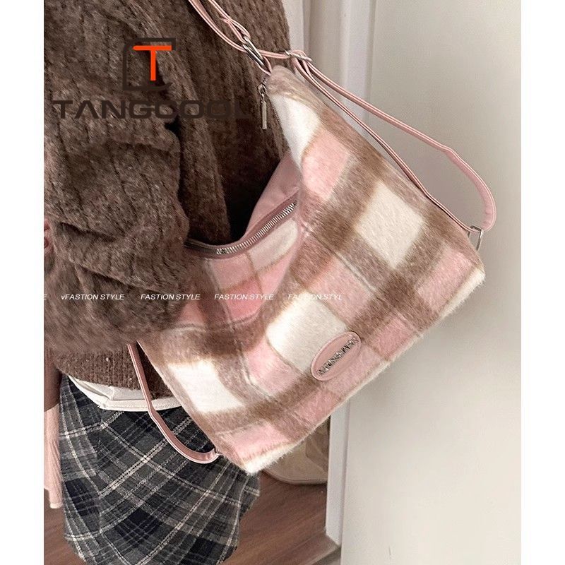 College Style Woolen Plaid Large Capacity Bag Women's New Autumn and Winter Trendy Korean Tote Casual Backpack