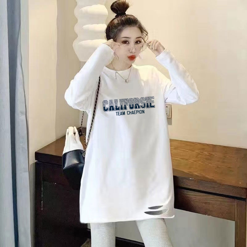 100% pure cotton mid-length long-sleeved T-shirt for women loose early autumn ripped versatile bottoming shirt autumn and winter printed top
