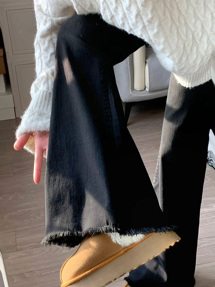 黑色毛邊喇叭牛仔褲女冬季新款復古高腰彈力修身顯瘦直筒微喇褲子