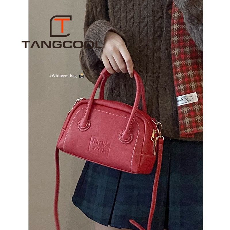 韩国小众手提红色包包女新款潮时尚保龄球包单肩斜挎小方包
