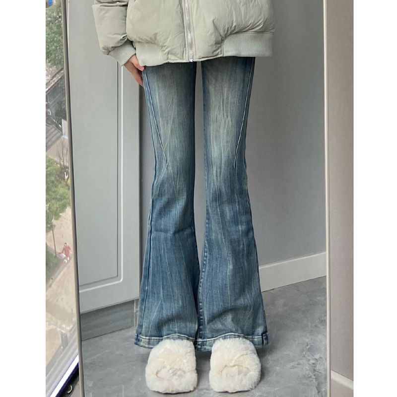 美式復古高腰微喇叭牛仔褲女小個子彈力直筒顯瘦闊腿馬蹄長褲子潮